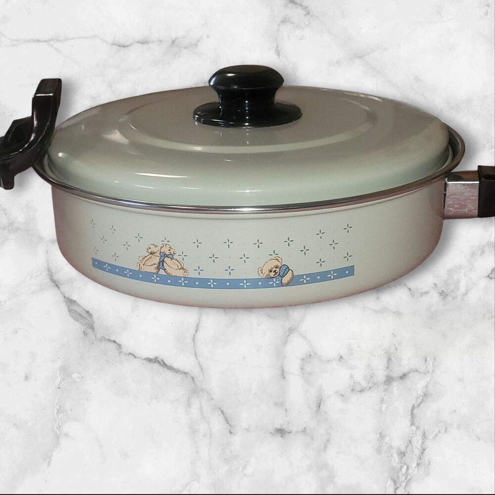 Vtg Set 2 Tienshan Theodore Country Bear Pans Stock Pot Skillet With One Lid EUC